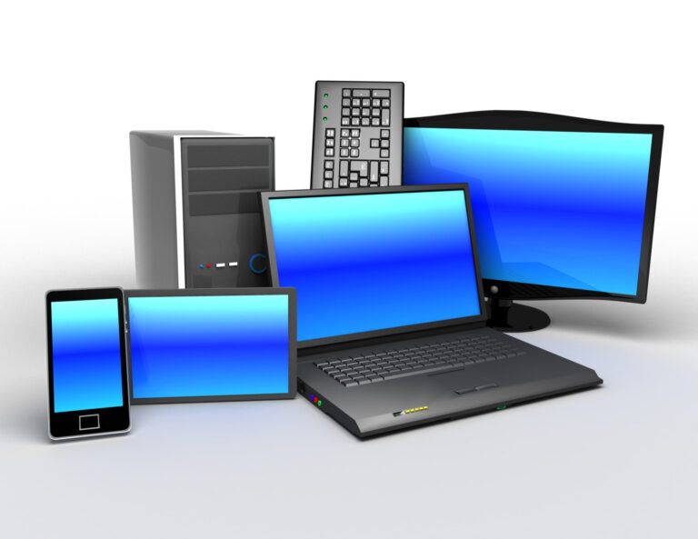 Noleggio hardware e infrastruttura IT, immagini stilizzate di device come laptop, schermo smarthpone, tablet, tastiera e PC tower